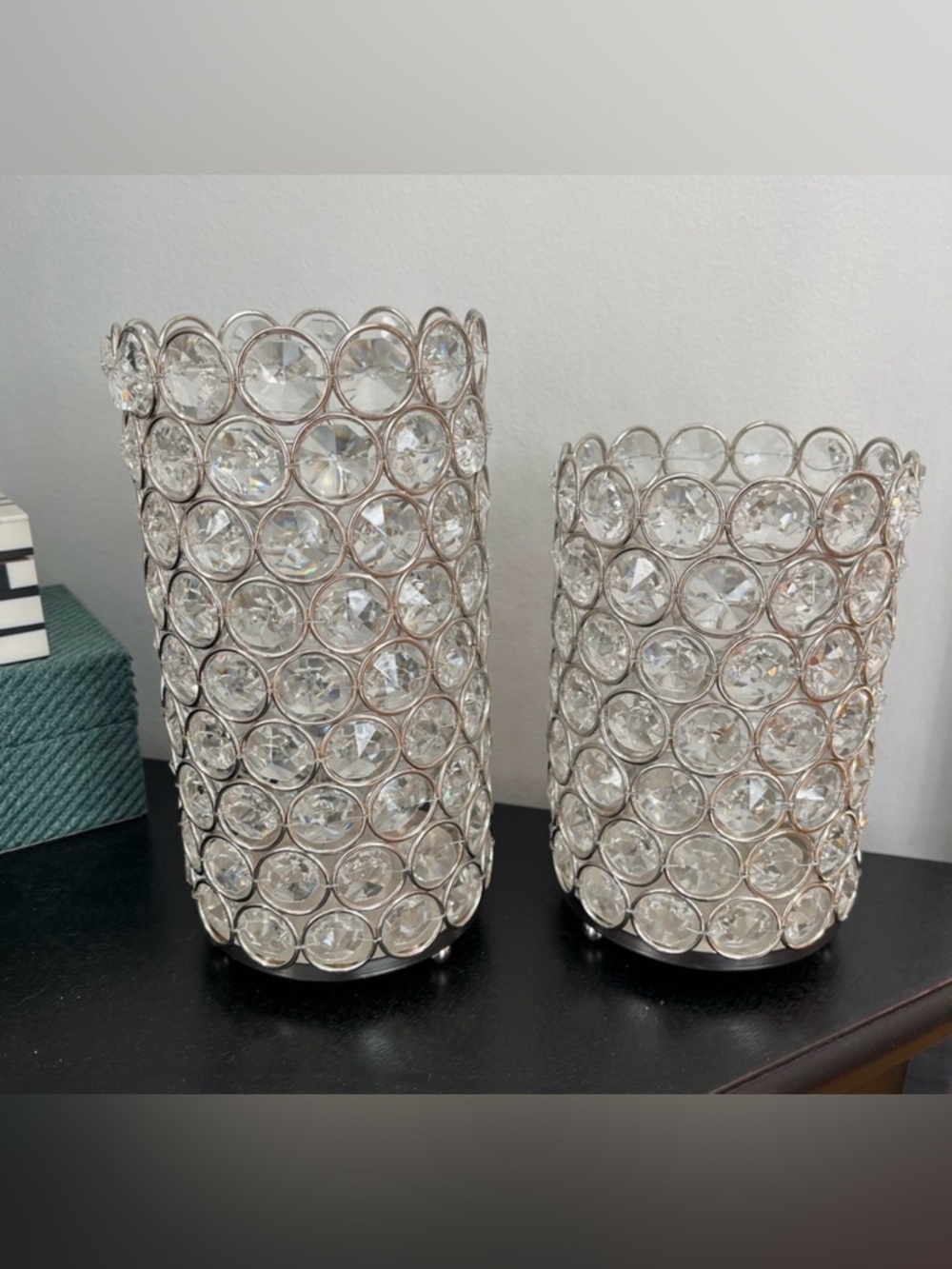 Set of 2 Crystal-Style Beaded Hurricane Candle Holders | Silver
